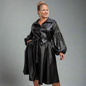 Victoria Plus Sixe Faux Leather Button Front Fit Flare Dress